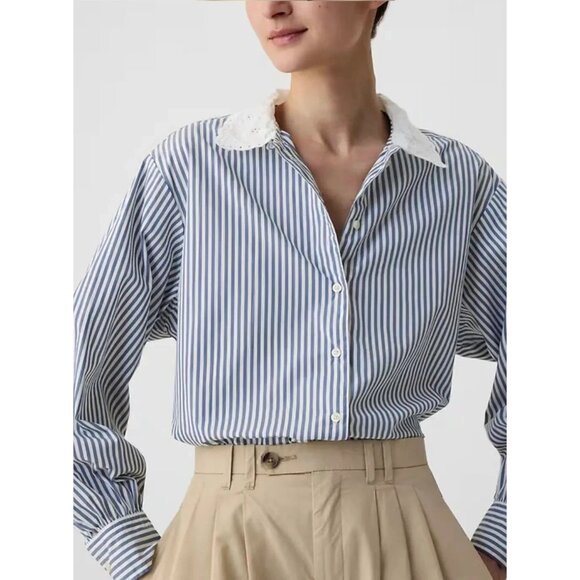 Gap X DOEN Eyelet Lace Collar Button Down Big Shirt Blue Stripe 100% Cotton L - Picture 1 of 11